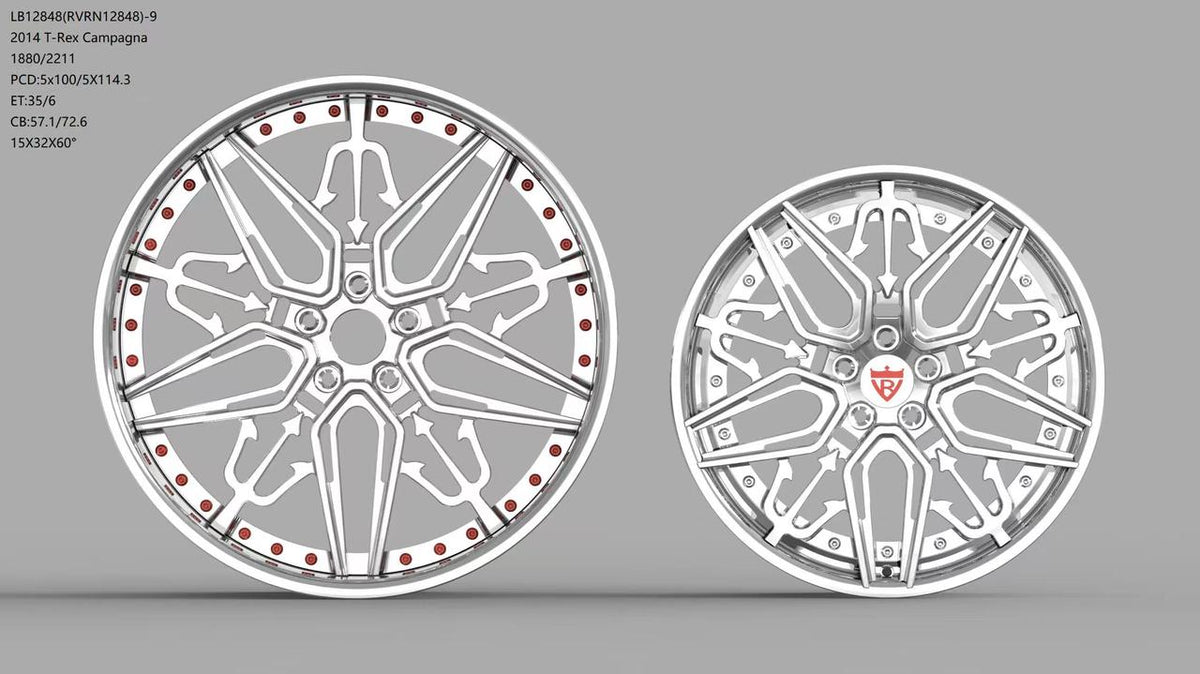 Bespoke RVRN RV-T081 forged wheel technical face design for 1954 T-Rex Campagna in premium chrome.