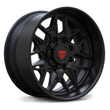 Stealth-look RV-DM23 matte black forged wheel, custom engineered for heavy load ratings and aggressive off-road aesthetics.