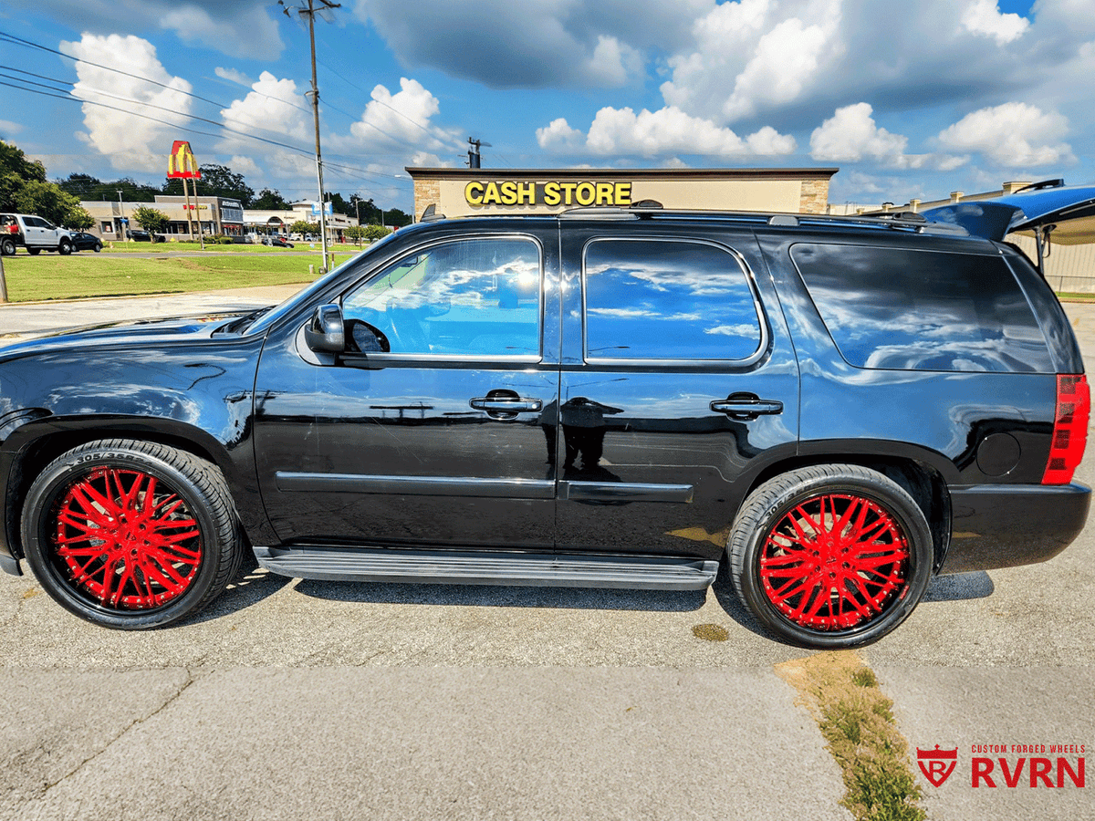 2007 Chevy Tahoe custom forged wheels RVRN T081 deep dish 24x9.5 gloss black crystal burgundy front angle