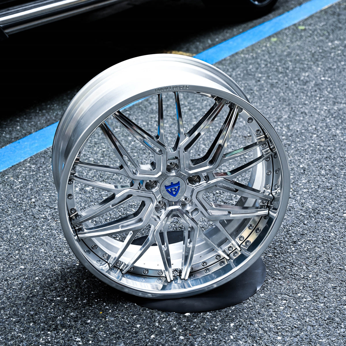 RVRN RV-T081 custom forged 2-piece deep lip polished aluminum wheels, 22x9.5 front and 22x11 rear, on a 2013 Chevy Camaro ZL1 - image 3 of 6