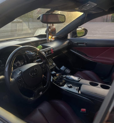 Close-up detail of T081 forged wheels on Lexus IS350, polished rose gold finish, emphasizing concave spokes and deep lip design.