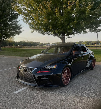 Top-down view of 2014 Lexus IS350 with RVRN T081 custom wheels, 19x10.5 / 19x12, polished rose gold, showcasing overall vehicle stance and wheel fitment.