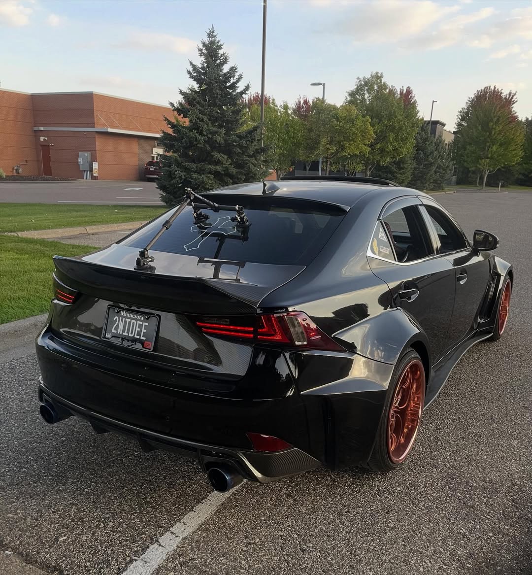 Rear view of 2014 Lexus IS350 equipped with T081 deep dish wheels, polished rose gold, highlighting rear offset and widebody stance.