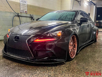 2014 Lexus IS350 featuring custom forged RVRN wheels with rose gold rims, showcased in a car wash setting.