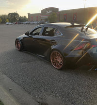 Top-down view of 2014 Lexus IS350 with RVRN T081 custom wheels, 19x10.5 / 19x12, polished rose gold, showcasing overall vehicle stance and wheel fitment.