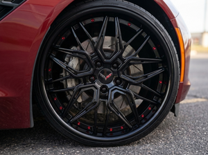 Corvette deep lip rims close-up on C7 Z51, forged wheel detail, custom fitment and precision machining