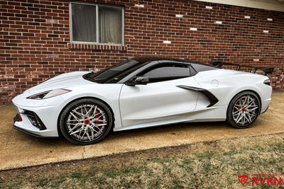 Close-up of Corvette C8 custom concave forged wheels RV-T081 with deep profile design, aftermarket rims for C8 Stingray Z51 convertible