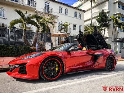 Best Corvette wheels setup RVRN RV-T081 on Red Mist 2025 C8 E-Ray 20x10 21x13 staggered fitment