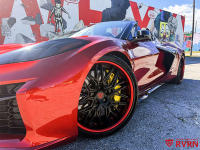 2025 Corvette E-Ray with custom forged aftermarket wheels RVRN RV-T081 black finish rear angle