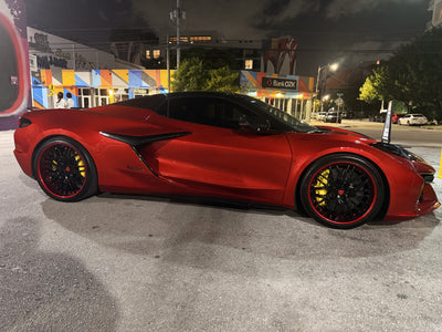 2025 Corvette E-Ray aftermarket wheels RVRN RV-T081 black deep lip 20x10 21x13 front angle view