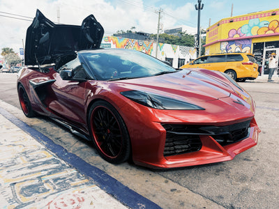 Red Mist 2025 Corvette C8 E-Ray full car shot with RVRN RV-T081 custom forged wheels 20x10 21x13
