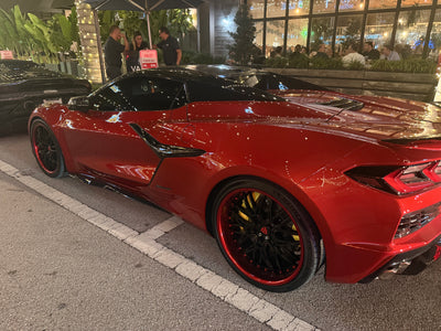 Red Mist 2025 Corvette C8 E-Ray with RVRN RV-T081 custom forged wheels 20x10 front 21x13 rear side view