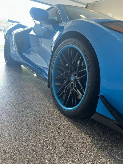 Custom rapid blue Corvette C8 Z06 with RVRN forged RV-T081 wheels and deep concave design.