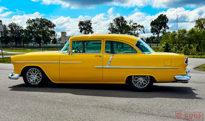 Rear angle showing forged deep dish wheels on classic 1955 Chevy Truck