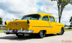 Side angle of 1955 Chevy Truck showing forged 18x8 classic truck custom wheels