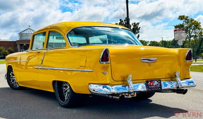 Deep lip detail of forged wheel on classic 1955 Chevy Truck, custom deep dish wheels
