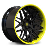 Custom forged concave Corvette wheels in black with bright yellow lip, designed for Corvette C8 specifications.