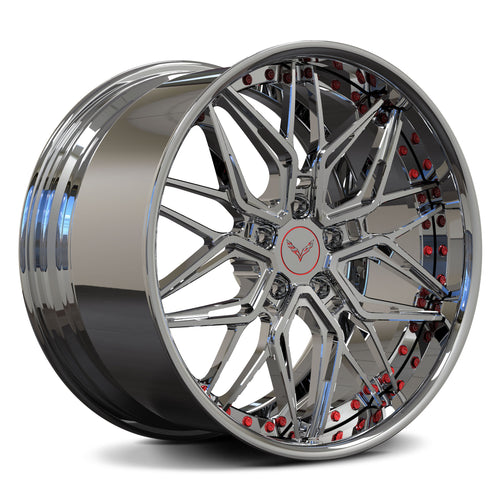 Custom forged 2-piece Corvette wheels RV-T081 with chrome finish, designed for C8 and deep dish style.
