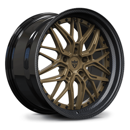 Custom forged two-piece deep dish wheels for Porsche 718 Cayman in bronze and carbon finish.