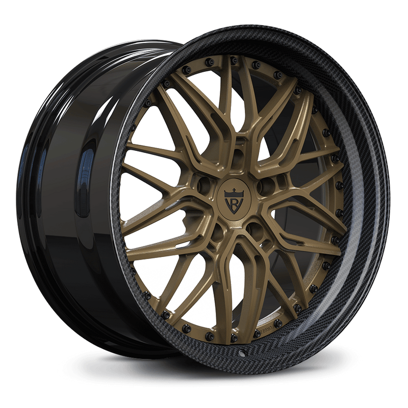 Custom forged two-piece deep dish wheels for Porsche 718 Cayman in bronze and carbon finish.