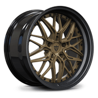Custom forged two-piece deep dish wheels for Porsche 718 Cayman in bronze and carbon finish.