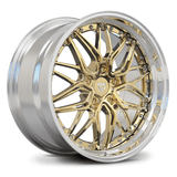 Custom forged two-piece deep dish wheel for Porsche 718 Cayman, featuring a bold gold finish and stepped lip design.