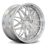 Custom forged 2-piece deep dish wheels for Porsche 718 Cayman, showcasing a striking chrome finish and innovative stepped-lip design.