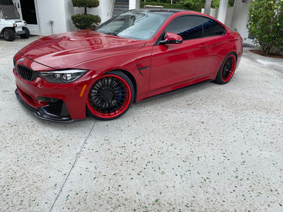 Close-up detail of custom forged wheels on BMW M4, precision machining and performance design, 20 inch custom wheel setup