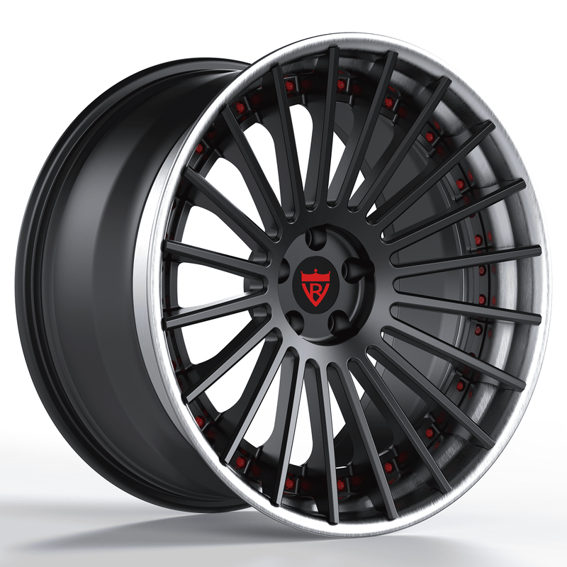 Custom 3-piece forged wheel, RV-TR66, showcasing a stylish black and silver design with red accents.