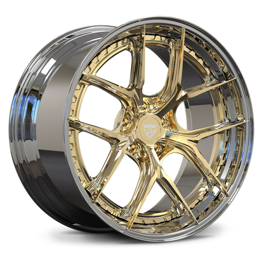 Porsche 911 custom forged wheels, RVRN RV-DB179 polished frozen gold face with chrome step lip Y-spoke deep dish 2-piece wheels.