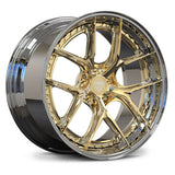 Porsche 911 custom forged wheels, RVRN RV-DB179 polished frozen gold face with chrome step lip Y-spoke deep dish 2-piece wheels.