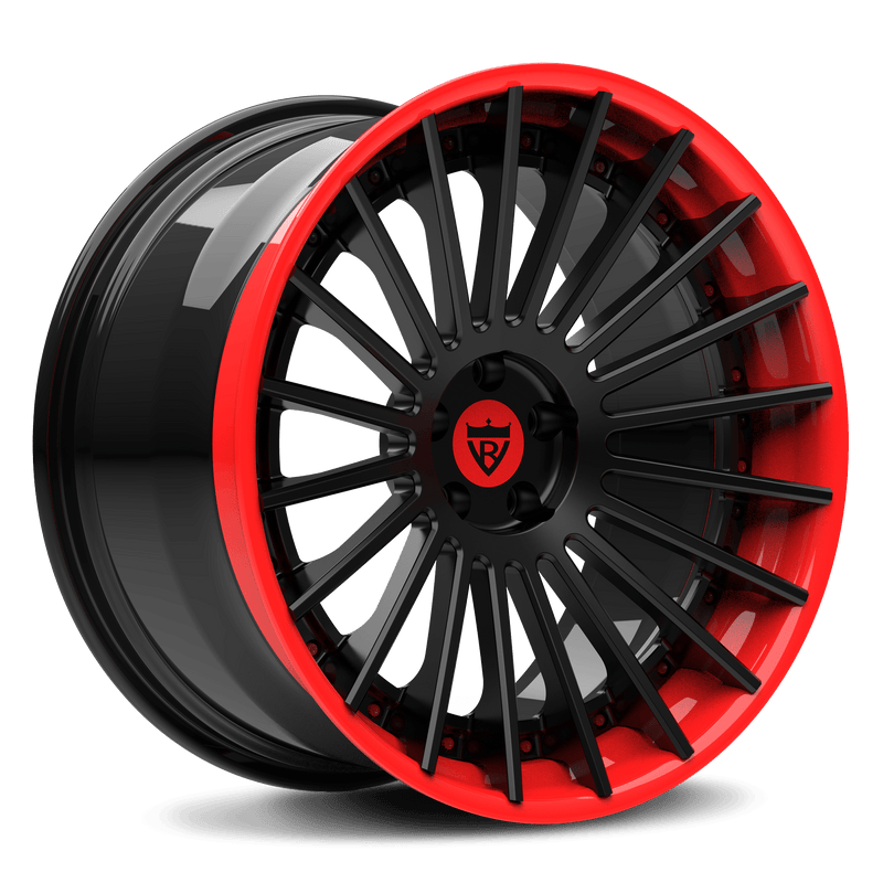 Custom BMW RV-TR66 3-piece forged wheels, black with red accents, high-strength aerospace-grade aluminum.