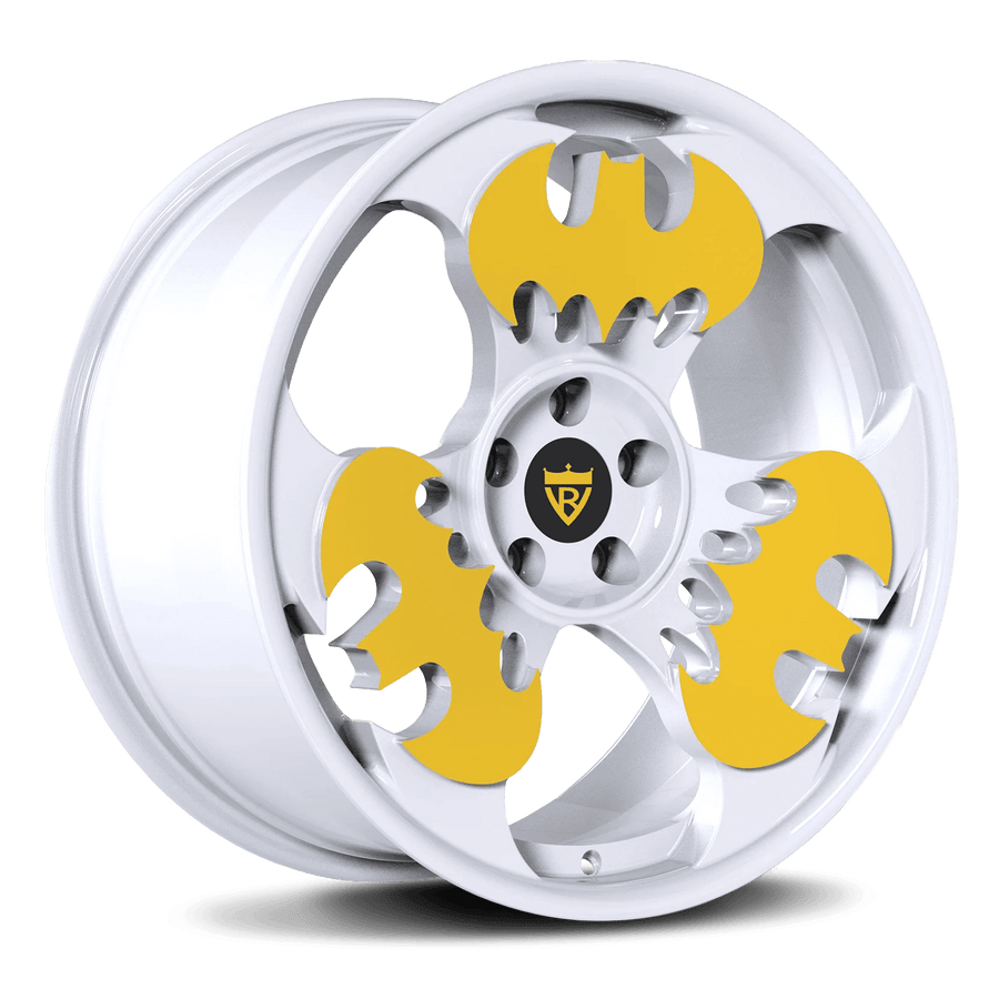 Custom forged Batman rims for cars in white and yellow finish: RV-MBT - RVRN WHEELS- Unique rims 
