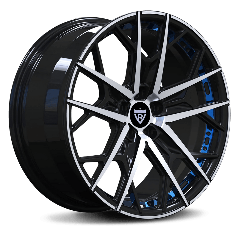 Custom 1 Piece Forged Wheel RV-MF142 with black and blue finish, perfect for various luxury vehicles.