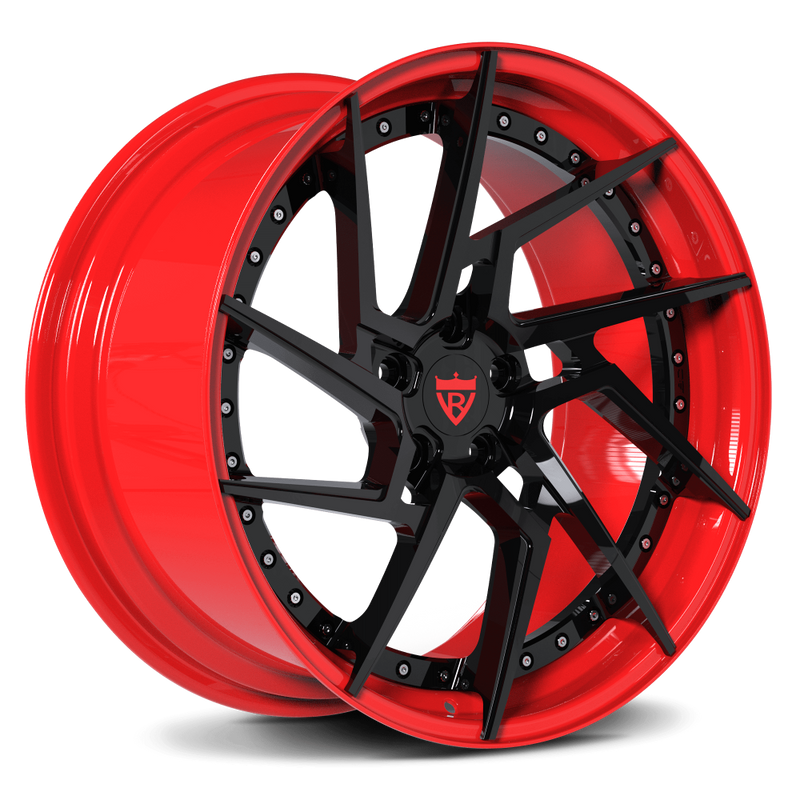 Custom red and black forged wheels designed for premium vehicles including Ferrari 488 GTB and more.