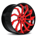 Custom forged 2-piece wheel RV-DC01 in red and black for Corvette C1-C8, 19-inch or 20-inch staggered fitment, aggressive style, free shipping.