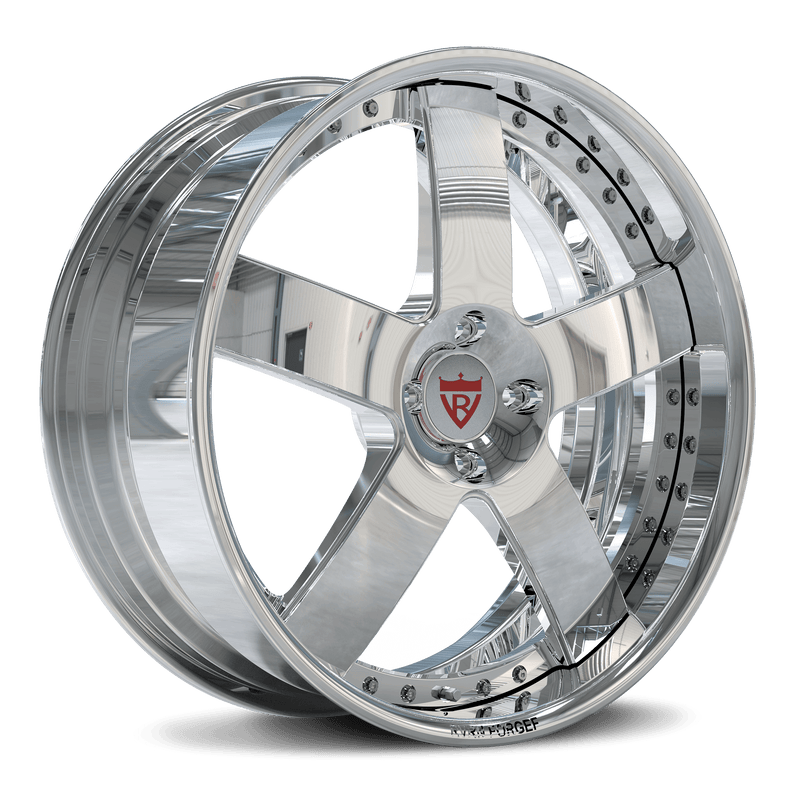 CUSTOM 2-PIECE FORGED 5 SPOKE CHROME WHEELS - RV-DF93 for Mustang, deep dish, blue, 19-inch staggered wheels