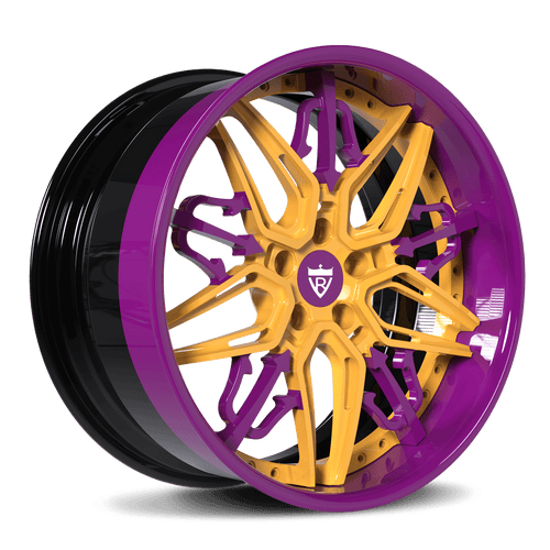 Custom purple and gold deep lip wheel design featuring intricate spoke pattern for Maserati upgrades.