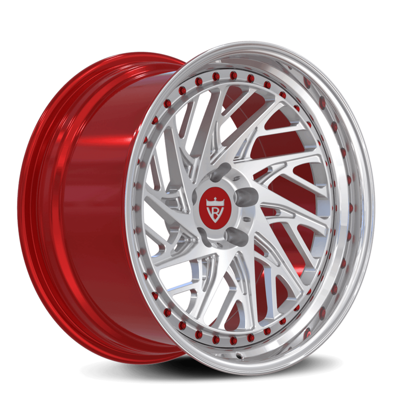 Custom 3-piece wheels with a big lip size-Polished lip and high red barrel-RVRN Custom Fully Forged Brand for any vehicle 