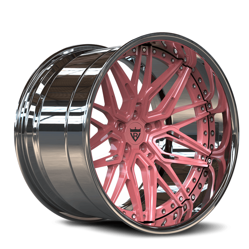 Custom forged 2-piece wheels featuring pink and black rims, showcasing a deep dish design and precision finish.