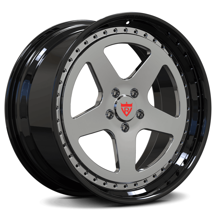 Black and chrome 5 spoke wheels, custom forged 2-piece deep dish rims series RV-DC03 