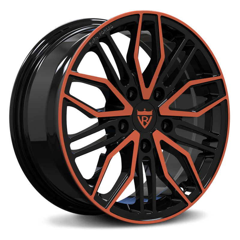 Black and orange custom forged wheel from RV-MQ72 series for cars, SUVs, and trucks.