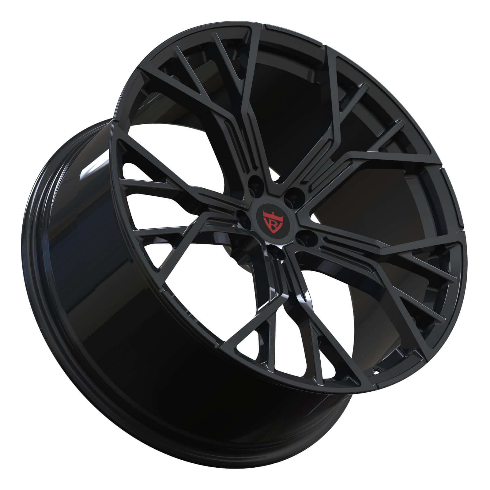 CUSTOM 1 PIECE FORGED WHEELS: RV-MB704 in black, showcasing a sleek design with intricate spokes for custom vehicles.