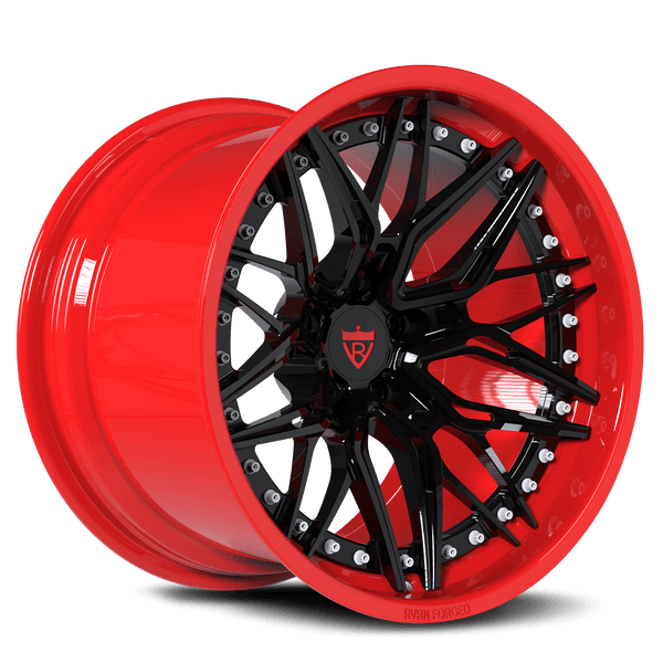 RVRN RV-C081 custom forged deep dish wheels in black and red for Dodge Challenger style performance builds with aggressive staggered fitment