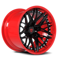 RVRN RV-C081 custom forged deep dish wheels in black and red for Dodge Challenger style performance builds with aggressive staggered fitment