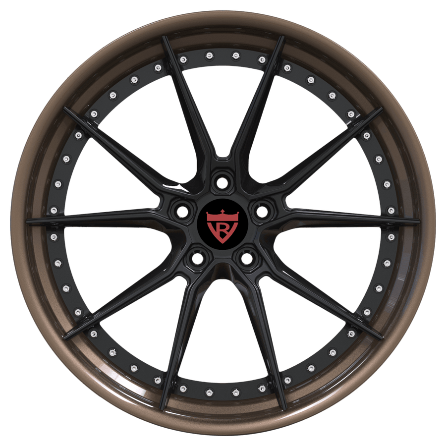 RVRN RV-DB082 forged 10 spoke Chevrolet Camaro wheels with gloss black spokes and bronze barrel, custom 2-piece lightweight performance wheel design