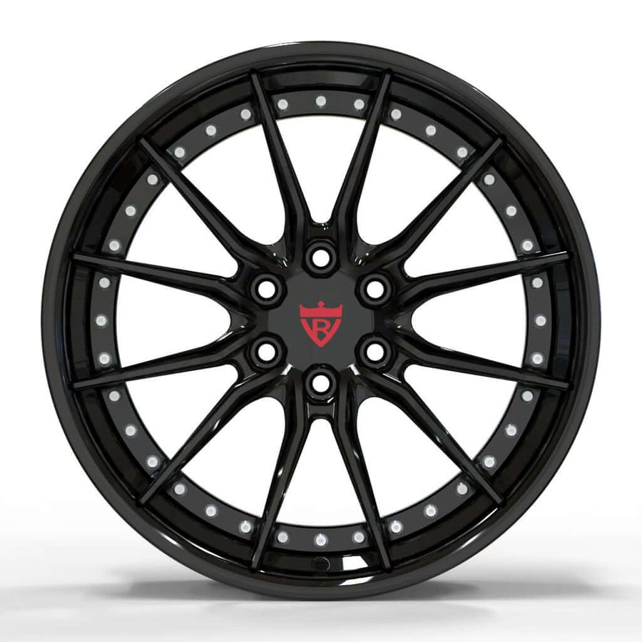 RVRN RV-DB082 custom 6 lug forged Dodge Viper wheels with multi spoke design, gloss black finish, deep dish profile and lightweight 2-piece construction