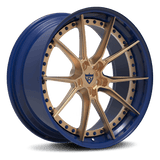 Custom-built Aston Martin rims in a deep blue and bronze for a unique luxury touch-RVRN Wheels
