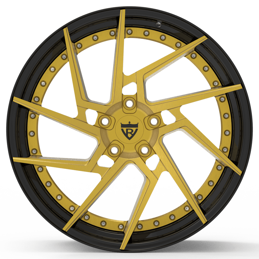 RVRN RV-DF041 Corvette C8 custom forged directional wheel in black with gold, featuring a concave 2-piece performance design