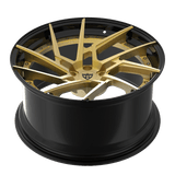 RVRN RV-DF041 McLaren 720S directional forged wheel in black with gold, combining aggressive concave styling with lightweight 2-piece construction